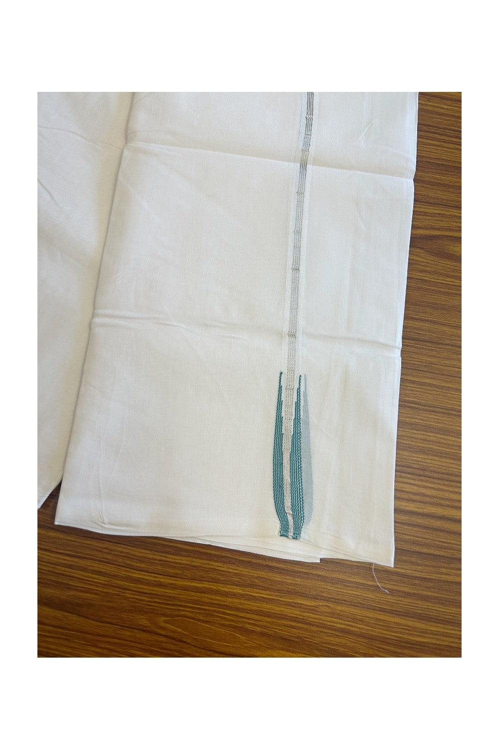 NEW!! 19% Discount!! KaithariKada Balaramapuram 100% Cotton PURE WHITE Double Mundu/Dhoti-100x100 1.5 cm Puliyilakkara Chutty 4 line Kasavu & Blue+Green Kara- 177