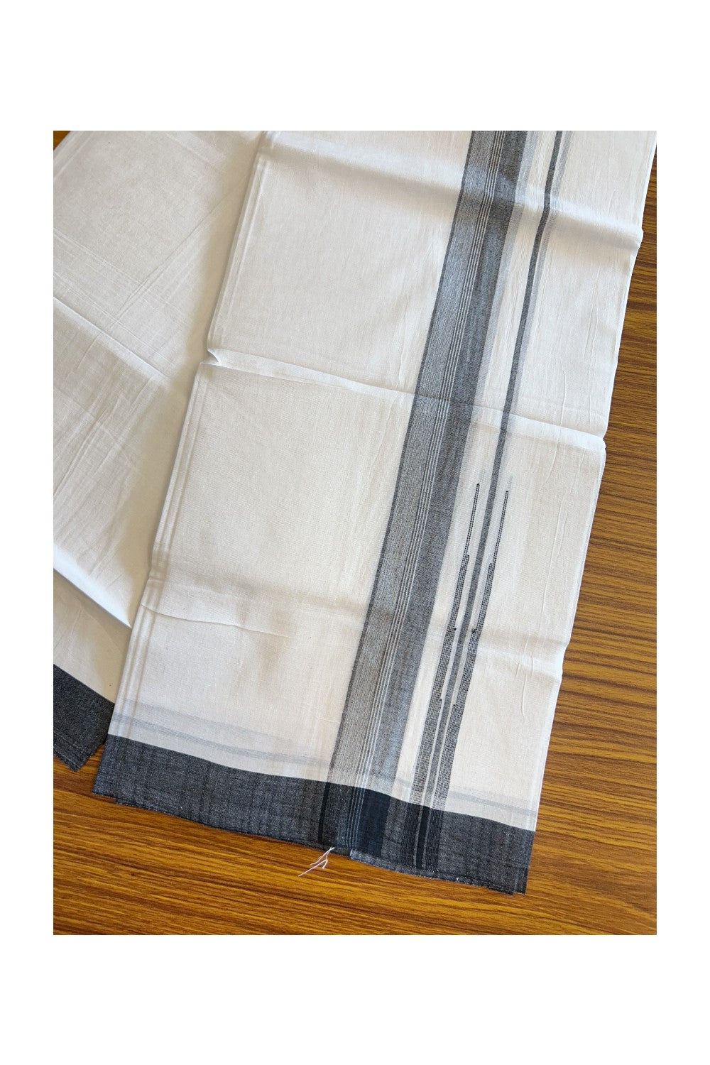 25% DISCOUNT!!! KaithariKada Balaramapuram 100% Cotton Double PURE white Mundu/Dhoti - 80X80 - 1.25 Inch Black & white shaded Centre stripes Chutty kara - 19KK5108GAN