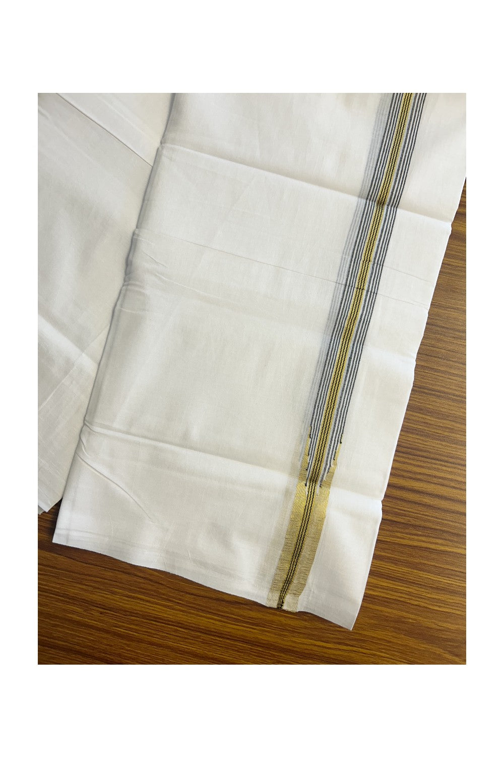 SHORT DHOTI SPECIAL! Kaitharikada.com - 20% Discount! Balaramapuram Double PURE WHITE Mundu/Dhoti - 100X100 - 1 inch Kara & 46 inches Height Puliyilakkara Chutty Gold Kasavu & Black Striped Kara - 17KK5146ASH
