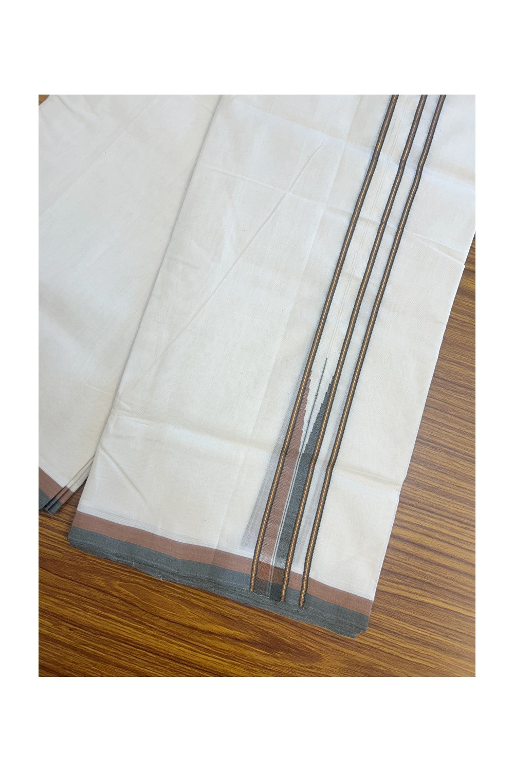 25% DISCOUNT!! KaithariKada HANDLOOM  UNAKKUPAAV Balaramapuram - 100% PURE Cotton OFF White - (Unbleached) Double Mundu/Dothi - 100x100 - Kasavu 3 cm Brown & Ash black chutty 3.80 meter (8.5 Muzham) - 32KK5167REA