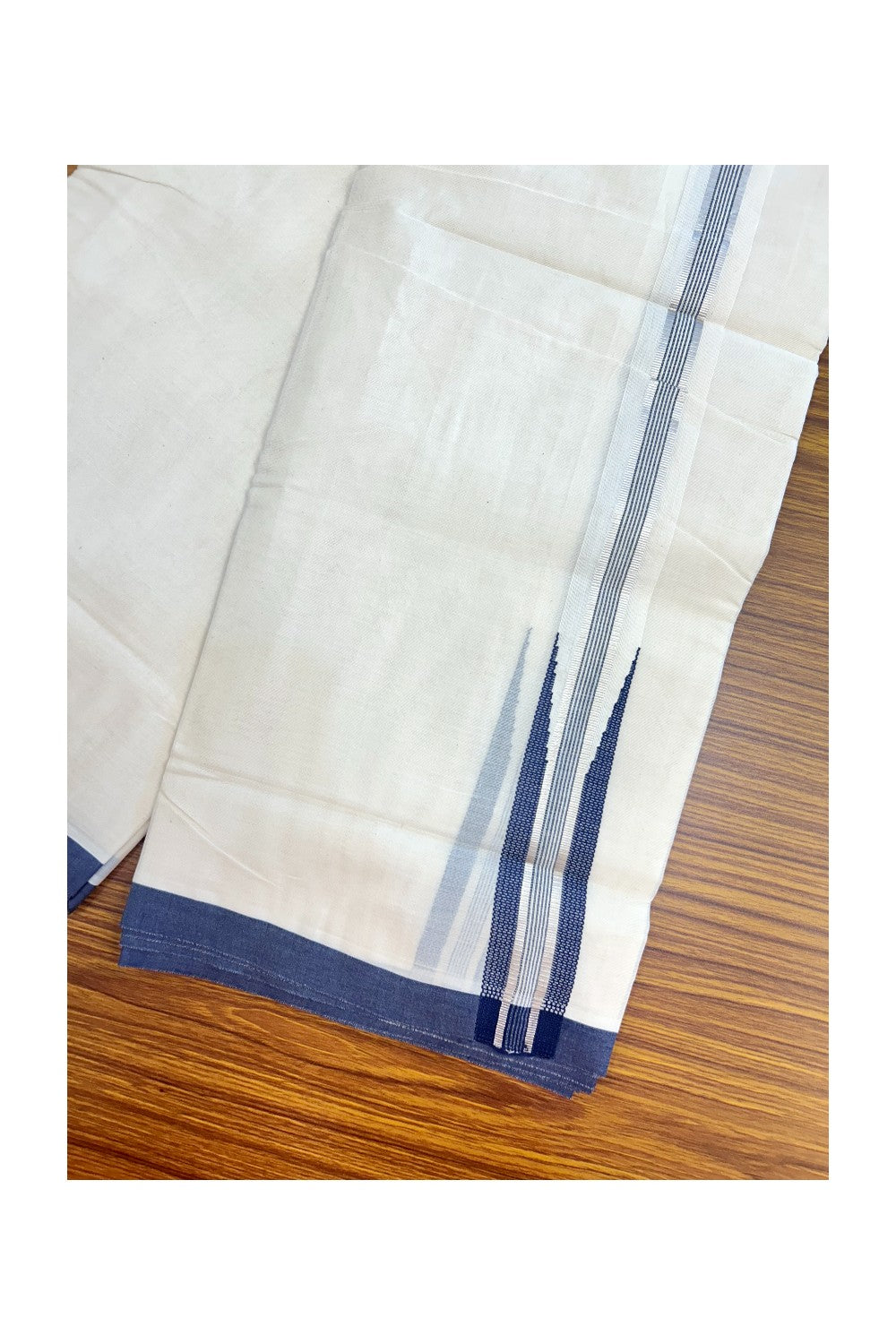 15% DISCOUNT ! KaithariKada Balaramapuram 100% Cotton DOUBLE OFF WHITE Mundu/Dhoti (Unbleached)  - 100X80 - 1.25 inch Puliyilakkara NAVY BLUE SILVER Big chutty - 19KK5171GAN