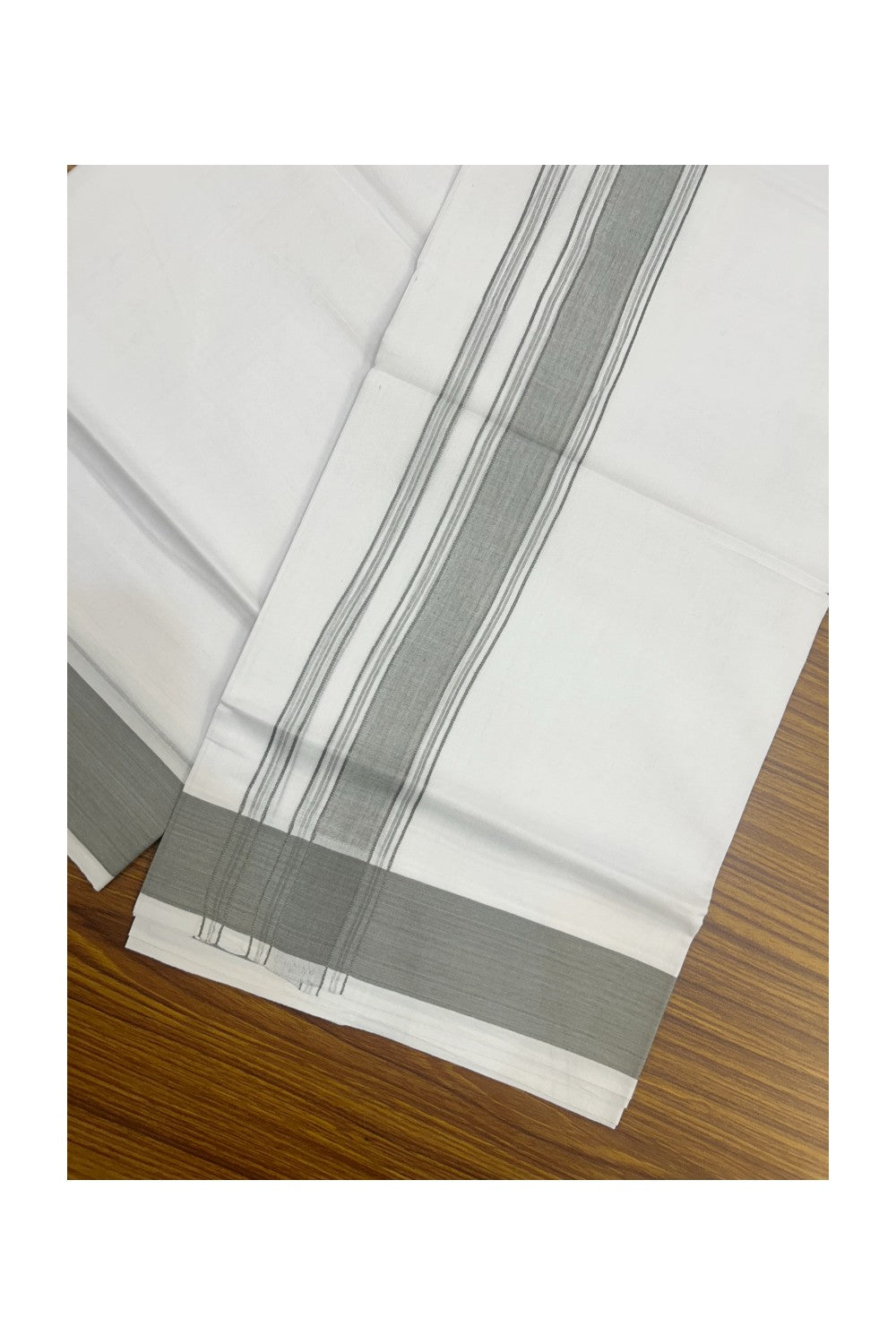 20% DISCOUNT!!! KaithariKada Balaramapuram 100% Cotton DOUBLE PURE WHITE Mundu/Dhoti - 100X80 - 1.75 Inch Sage Grey Shaded Stripes kara - 19KK5172PMC