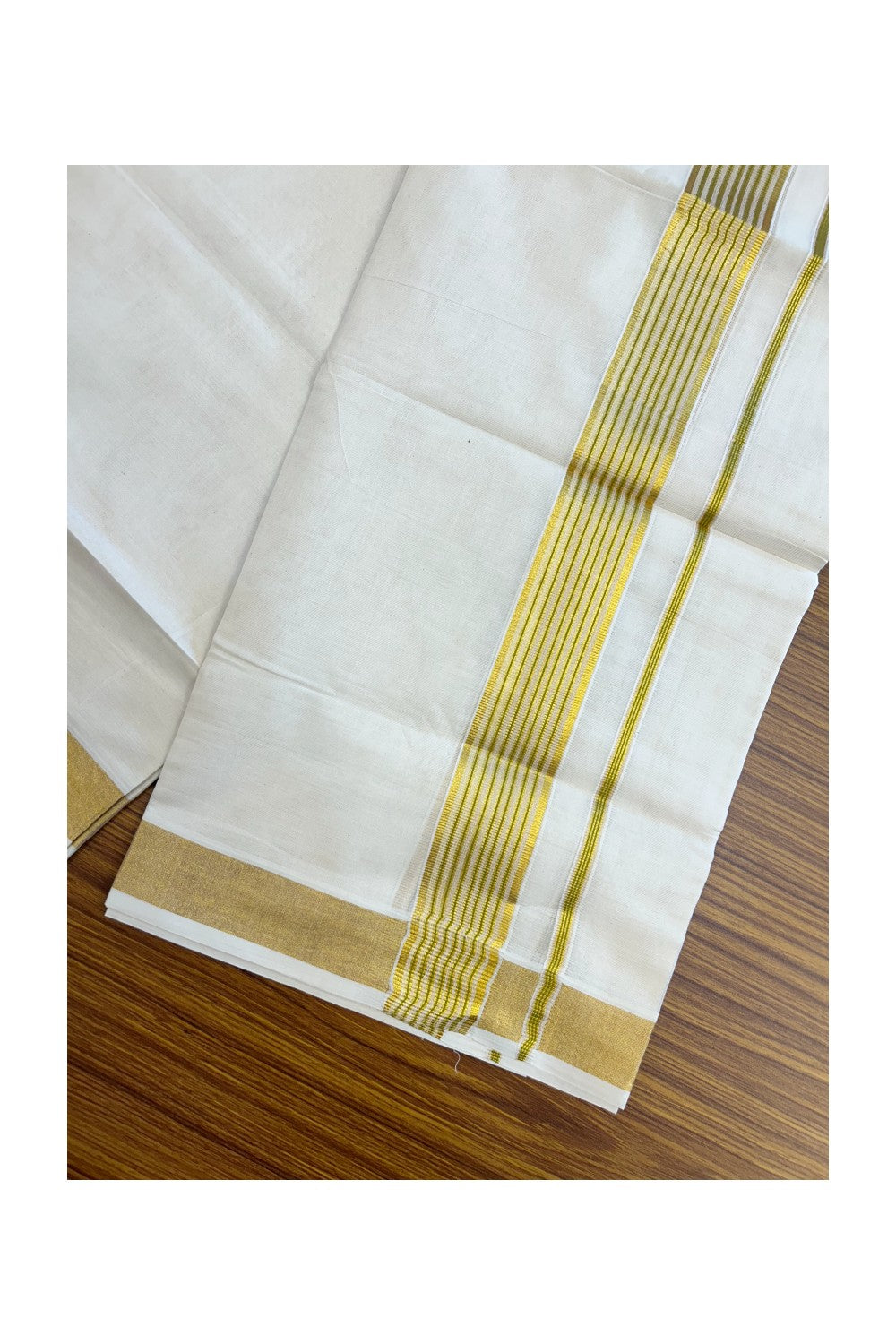 20% DISCOUNT! KaithariKada Balaramapuram Double OFF WHITE Mundu/Dhoti - 100x80 - 1.75 Inch Gold Kasavu & Light Green striped Kara - 19KK5182VAS