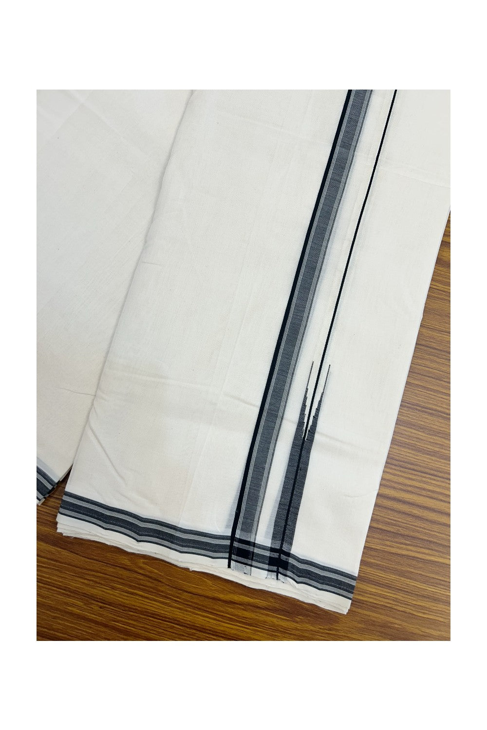 25% DISCOUNT!! KaithariKada HANDLOOM  UNAKKUPAAV Balaramapuram - 100% PURE Cotton OFF White - (Unbleached) Double Mundu/Dothi - 80X100 - 0.75 inch Puliyilakkara Black Striped chutty - 19KK5209 REA