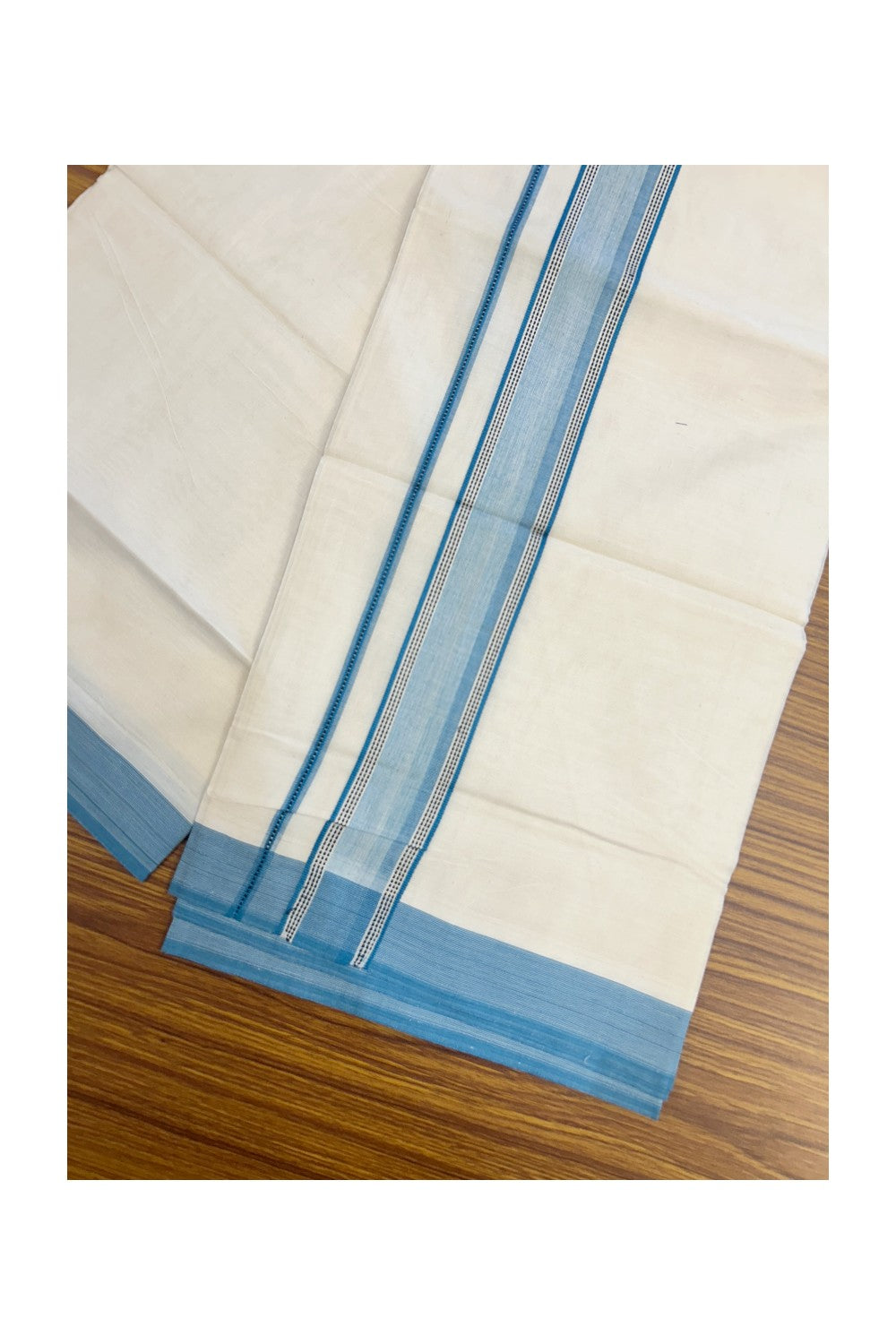 20% DISCOUNT ! KaithariKada Balaramapuram 100%  Cotton OFF WHITE (Unbleached) Double  Mundu/Dhoti - 100X80 - 1.75 inch Peacock Blue & Black Shaded Designer Kara - 19KK5213 VIN