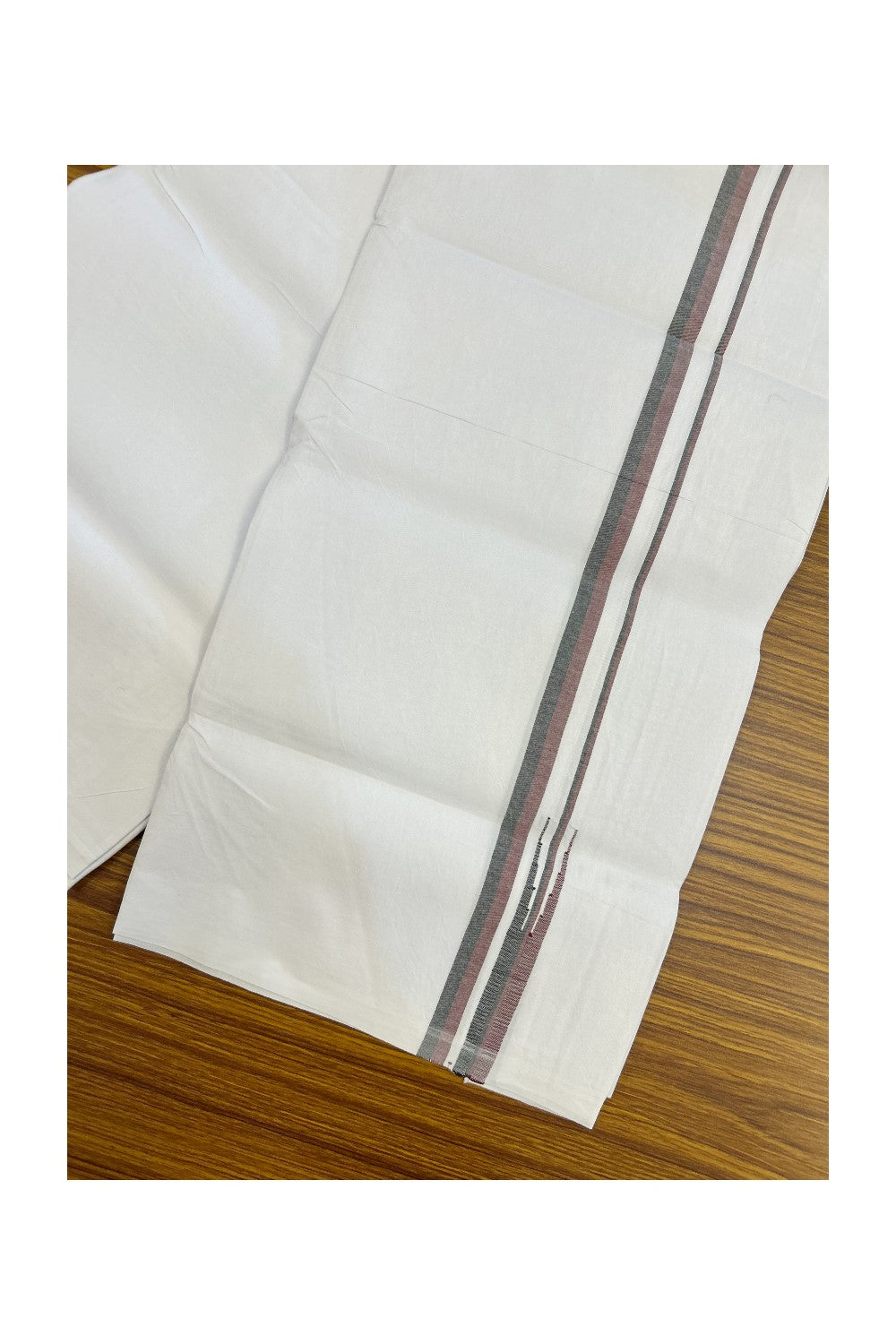 DMK Veshti - 20% Discount !! KaithariKada Balaramapuram PURE WHITE SINGLE Mundu/Dhoti - 100X100 - Puliyilakkara 0.5 inch Maroon & Black Thin Chutty Kara (2 meter / 4 muzham) - 18KK5224 ASH