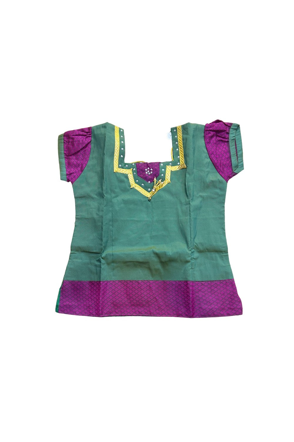 Midukki-Traditional South Indian Kids Pattu Pavada- Green top magenta skirt with emboss work- Age 11 - KK11MID0019