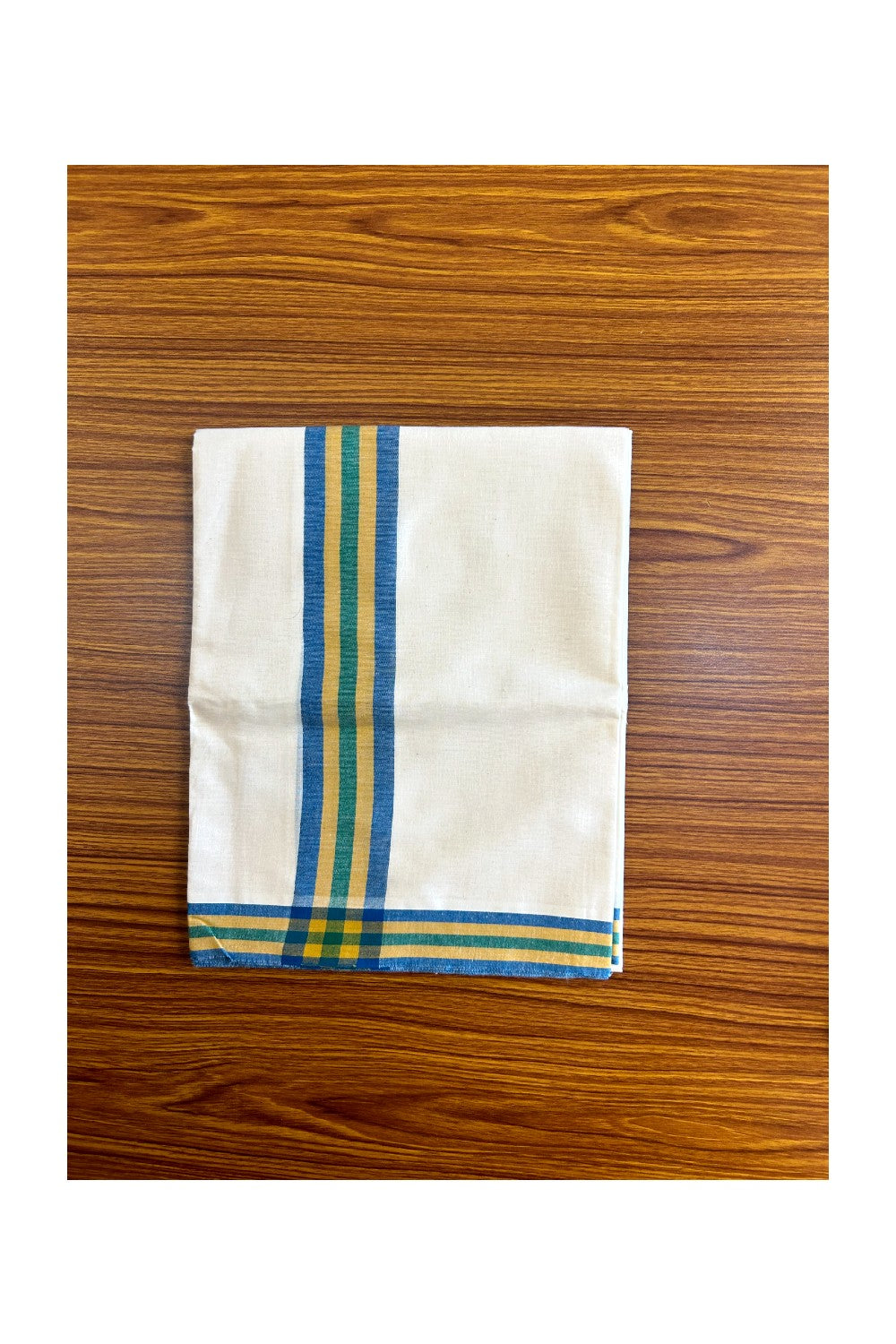 15% Discount!! KaithariKada - Kerala Cotton Single Set Mundu - EXTRA LENGTH -Cerulean Blue, Yellow &Light Green Stripes Mulloth Kara- 19KK472CKA