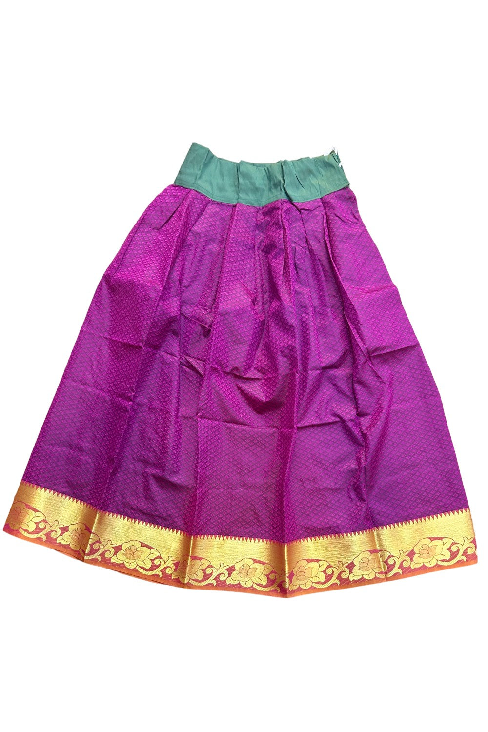 Midukki-Traditional South Indian Kids Pattu Pavada- Green top magenta skirt with emboss work- Age 11 - KK11MID0019