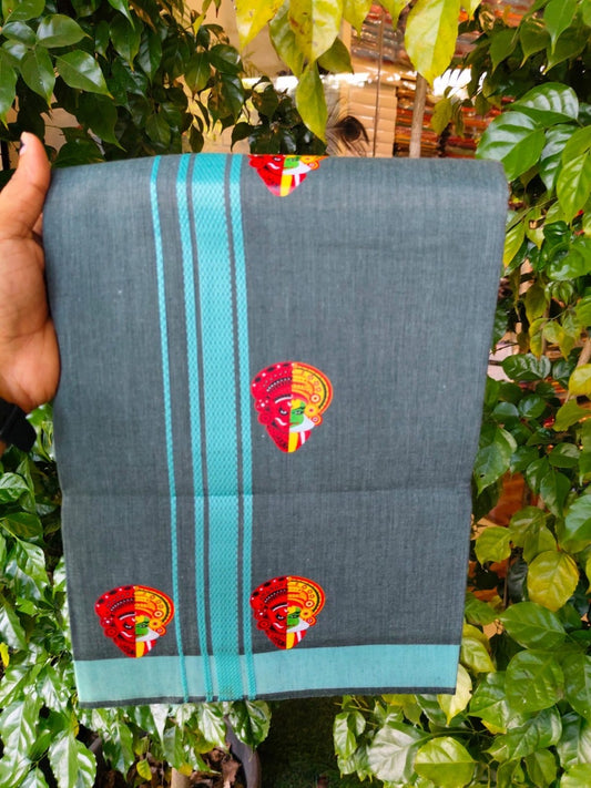 22% Discount! Kaitharikada Pure Cotton - Single Kaily / Lungi - (40s) - 1.25 inch Turquoise striped Theyyam Kadhakali Printed Design kara with Green shaded colour body  (2 meter / 4 muzham) - 20 KK8028 GAN