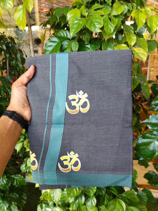 21% Discount ! Kaitharikada Pure Cotton - Single Kaily / Lungi -(40s)- 1 inch Dark Slate Grey Striped Ohm Printed Design kara with Black Shaded colour body  (2 meter / 4 muzham) - 53 KK8028 GAN