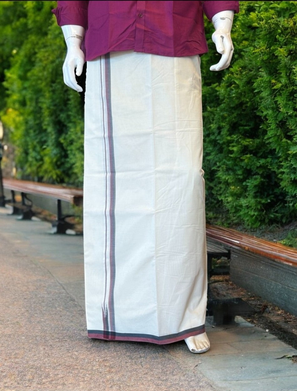 DMK Veshti - 23% Discount !! KaithariKada Balaramapuram Double Off white - (Unbleached) Mundu/Dhoti - 100X100 - 0.75 inch Puliyilakkara Maroon & Black Chutty Kara - 1KK5117ASH