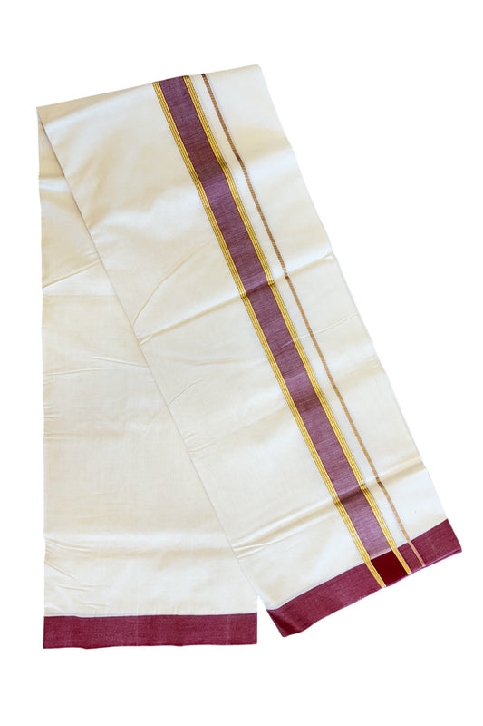 30% Discount KaithariKada HANDLOOM Unakkupaavu Balaramapuram - 100% PURE Cotton Off White (Unbleached) Double Mundu/Dhoti - 2.25 inch Kasavu & Vine Red-206
