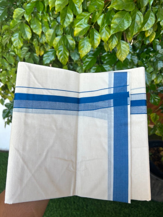 24% Discount ! KaithariKada Balaramapuram 100% Cotton Double OFF WHITE- (Unbleached) - Mundu / Dhoti- 100x80 - 1.5 inch Peacock Blue Kara - 1KK5214 MC