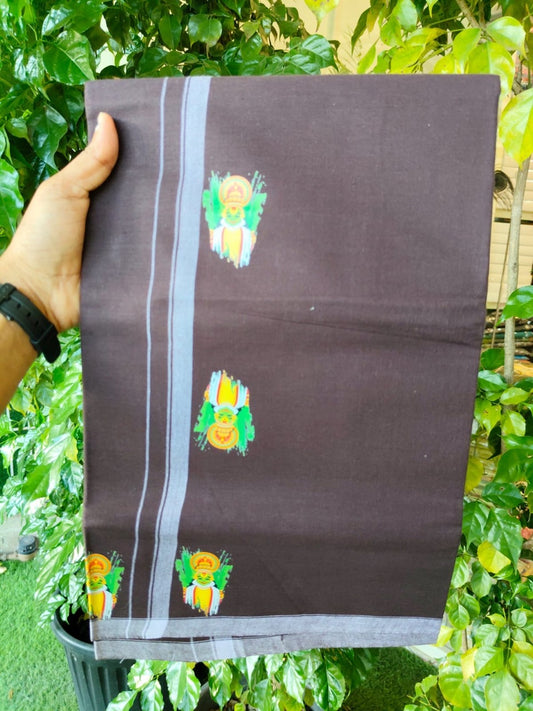 9% Discount !! Kaitharikada Pure Cotton - Single Kaily / Lungi - (40s) - 0.5 inch Kadhakali Printed Design kara with Dark Wine Brown colour body (2 meter / 4 muzham) - 31 KK8028 GAN