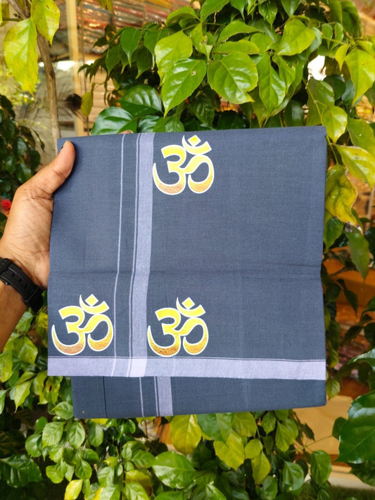 9% Discount ! Kaitharikada Pure Cotton - Single Kaily / Lungi -(40s)- 0.5 inch White Striped Ohm Printed Design kara with Ash Blue colour body  (2 meter / 4 muzham) - 57 KK8028 GAN