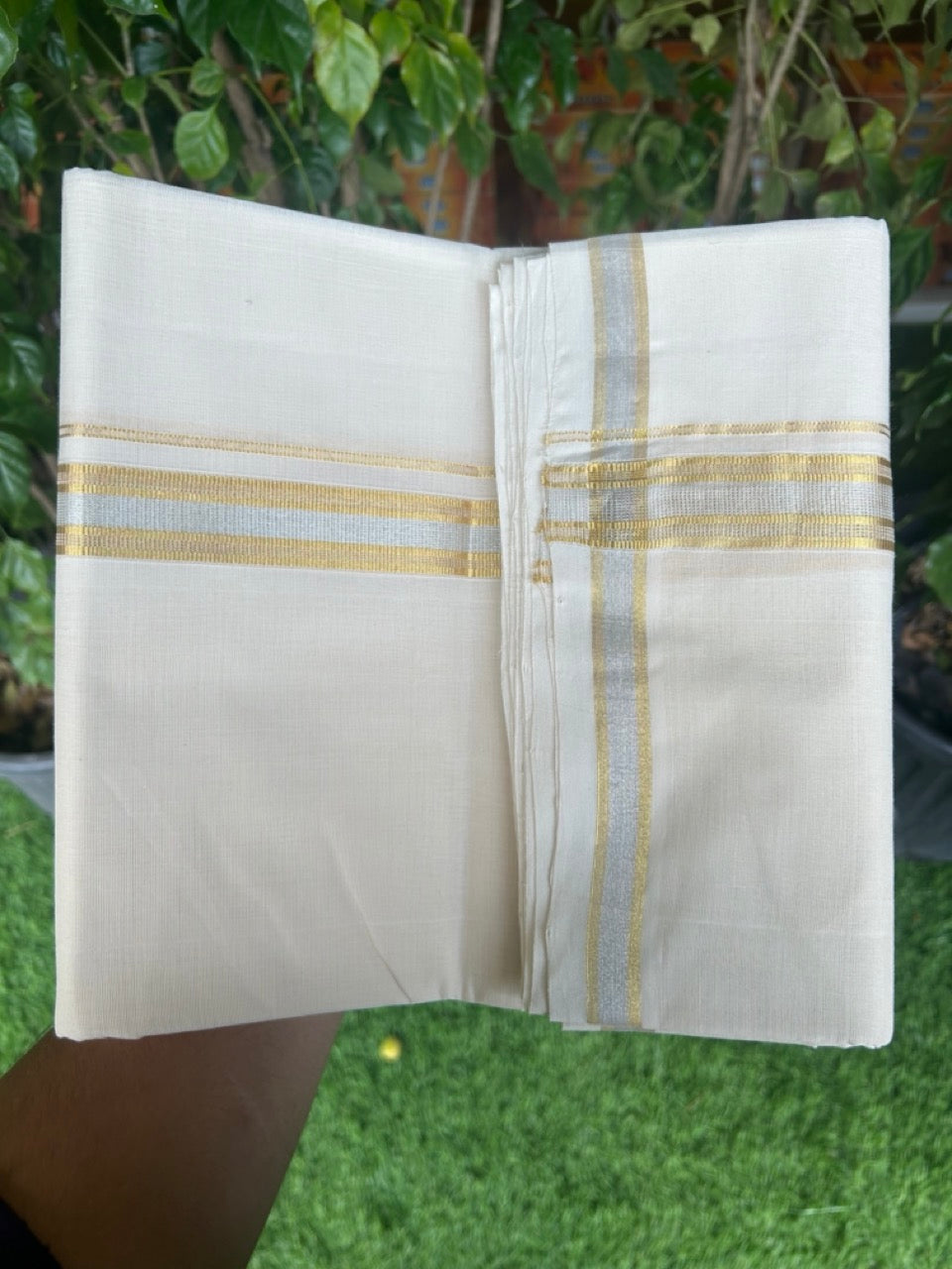 30% DISCOUNT ! KaithariKada HANDLOOM Millpaav Balaramapuram - 100% PURE Cotton Off White - (Unbleached) Double Mundu/Dhoti -& 1.25 inch Gold Kasavu & Silver Kasavu Kara - 2KK5149RAM