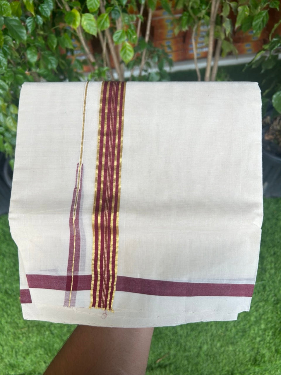 25% DISCOUNT!! KaithariKada HANDLOOM Millpaav Balaramapuram - 100% PURE Cotton OFF White Double- (Unbleached) Mundu/Dothi - 1 inch Puliyilakkara side stripes MAROON & Gold kasav chutty Kara - 2KK5156YAR