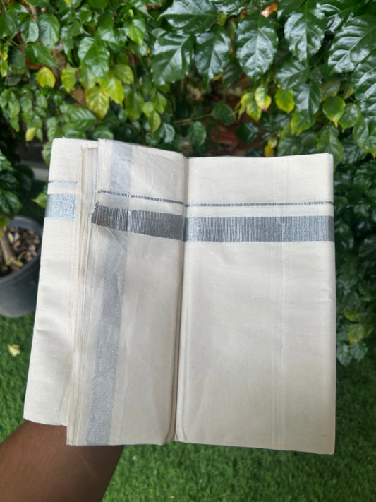 24% Discount !! KaithariKada Balaramapuram 100% Cotton Off white Single Mundu/Dhoti - Twisted 60s Thread- 0.75 inch Silver Kara (2 meter / 4 muzham) - 2 KK5245 GL