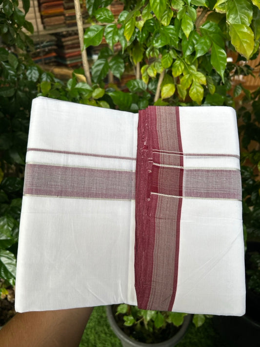 25% Discount!! NEW ULTRA PURE WHITE HANDLOOM Balaramapuram - 100% MERCERISED Cotton Double Mundu/Dhoti - 120 twisted warp x 80s weft - Wine Maroon & Silver Kasav Kara- 2KK5248 REA
