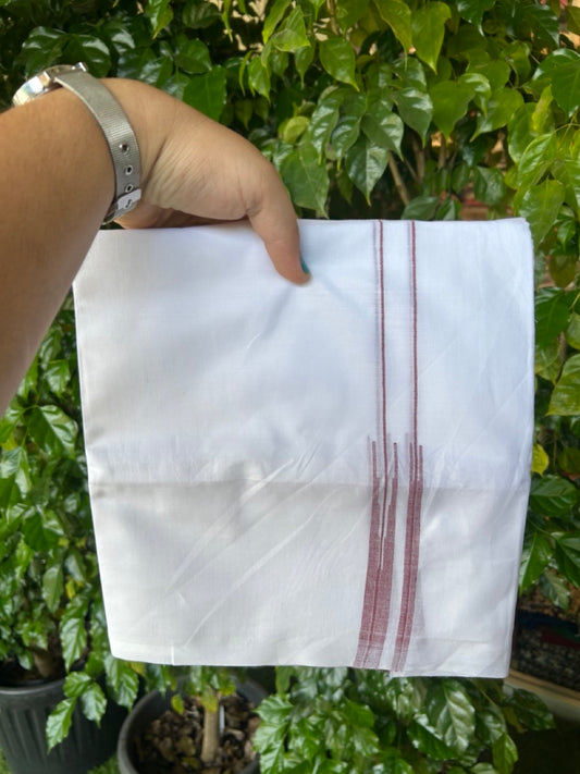 20% DISCOUNT!! NEW!! KaithariKada Balaramapuram 100% Cotton PURE WHITE Double Mundu/Dhoti - (100x80)s - 0.75 inch Wine Line chutty - 2 KK5249 VIN