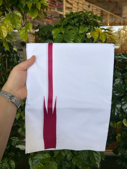 37% Discount ! NEW! KaithariKada Balaramapuram 100% Cotton Pure white Double Mundu/Dhoti - (100x80)s - Heavy Chutty Maroon - 2 KK5252 CKS