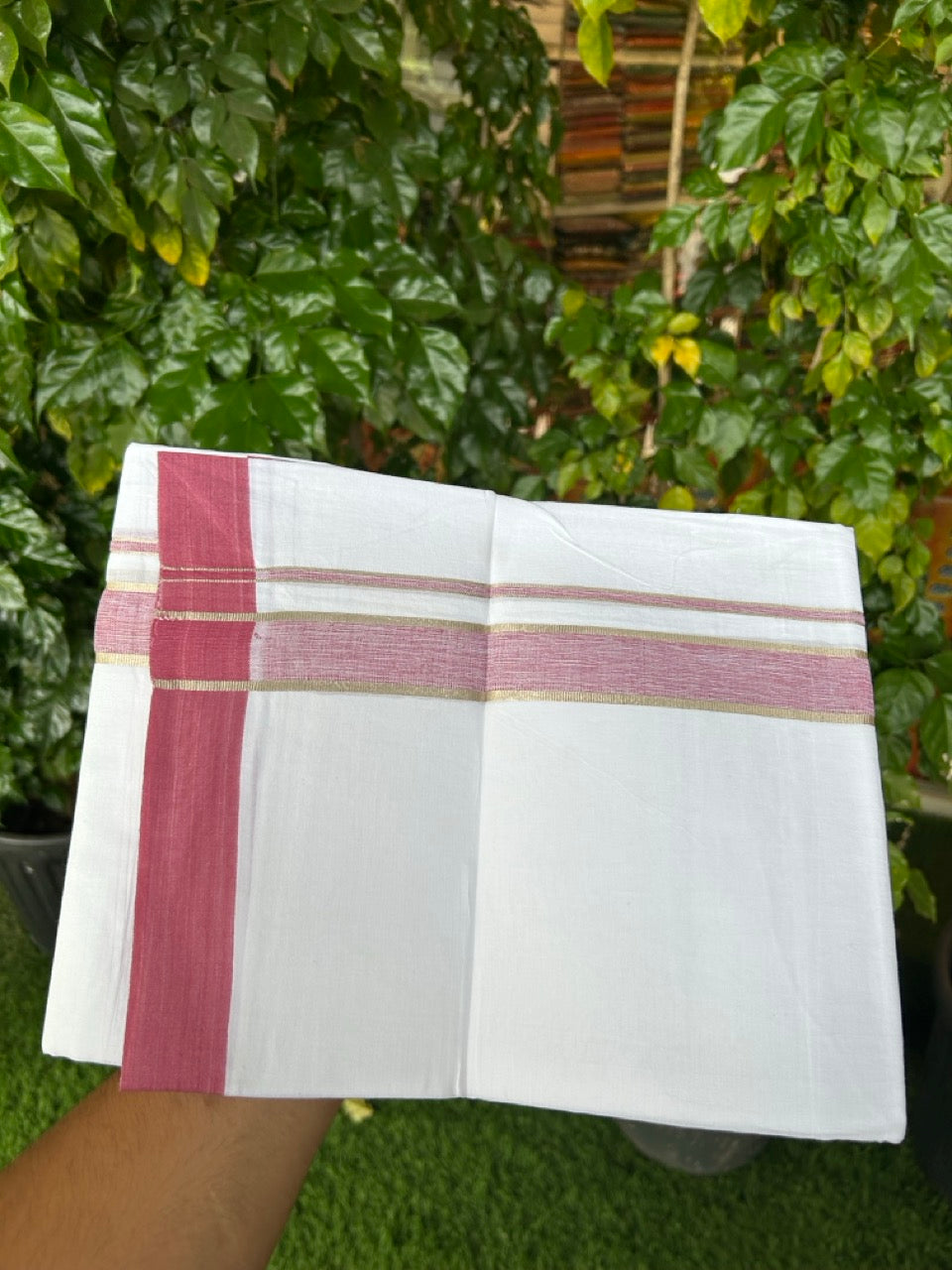 Short Dhoti Special - 28% Discount ! KaithariKada 100% Cotton Pure White Double Mundu / Dhoti - 100x80 - 45 inch Height 3.80 m Length  1.5 inch Maroon Magenta Mix Silver Kasav kara - 2 KK5258 THI
