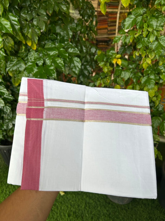 Short Dhoti Special - 28% Discount ! KaithariKada 100% Cotton Pure White Double Mundu / Dhoti - 100x80 - 45 inch Height 3.80 m Length  1.5 inch Maroon Magenta Mix Silver Kasav kara - 2 KK5258 THI