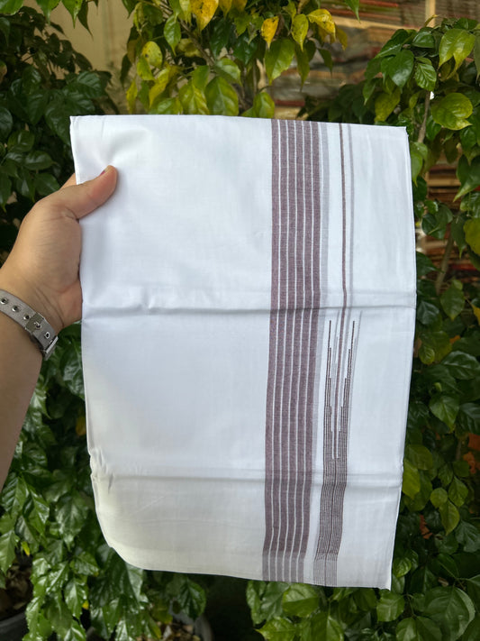 24% Discount! KaithariKada Balaramapuram 100% Cotton Pure white Double Mundu/Dhoti - (100x80)s - 1.5 inch Puliyilakkara Dark Maroon Stripes Chutty - 102 KK5258 THI