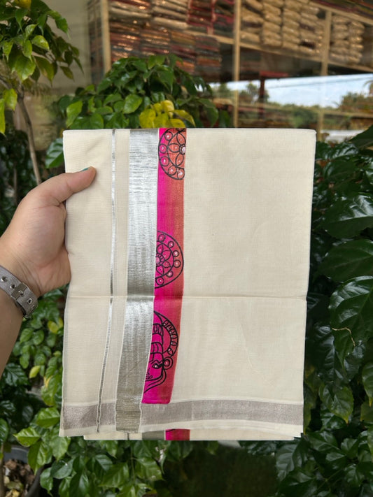 24% Discount! Hand Painted - KaithariKada 100% Cotton Double Off white - (Ubleached) Mundu / Dhoti - 100x80 1 inch Silver Kasavu & Hand Painted Kathakali Flower - 2 KK5259 CKS