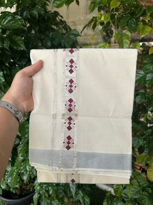 KaithariKada 100% Cotton Double 4 meter Off white - (Ubleached) Mundu / Dhoti - 100x80 1.5 inch Silver Kasavu & Printed Tribal - 2 KK5262 MUT