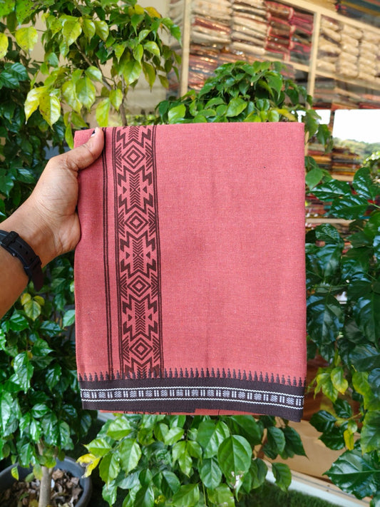 8% Discount!!! Kaitharikada Mixed Cotton Single KAVI - Kaily / Lungi - 3.25 inch BROWN Tribal Printed kara Kuppadam Border (2 meter / 4 muzham) - 2KK8027 AS