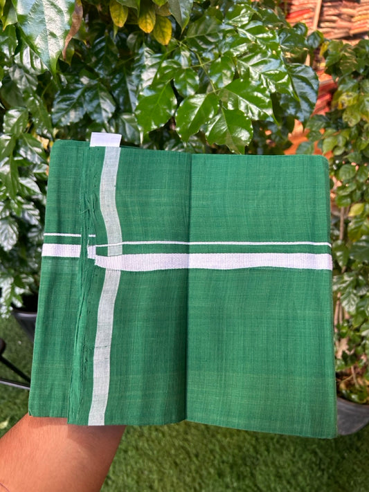Handloom Single Hallmarked - 10% Discount !! KaithariKada 100% Pure Cotton - Mundu/Dhoti Green Body White 0.5 inch Kara- (2 meter / 4 muzham)- 2 KK8030 ELA