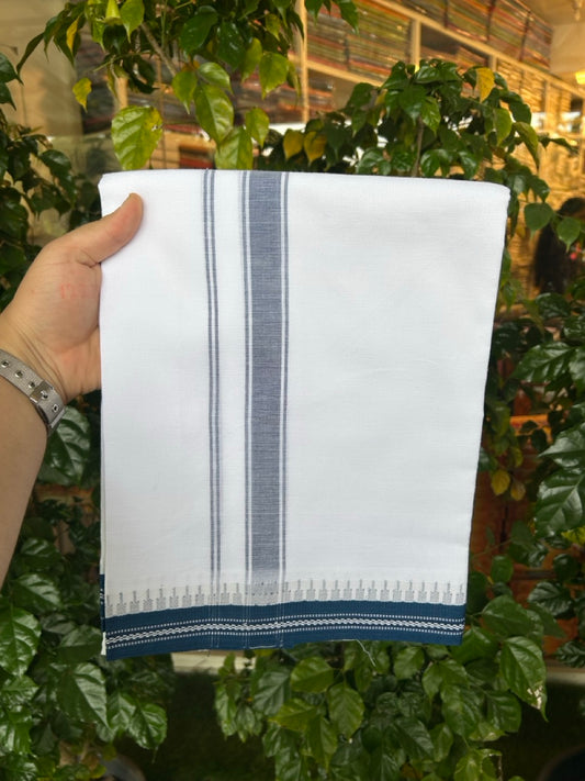 Premium Kathar Type Mercerised Pure Cotton Single Mund Kaitharikada Special - Kaily / Lungi -  1.25 inch Navy Blue Striped kara White Body Kuppadam Border (2 meter / 4 muzham) - 2 KK8031 MUT