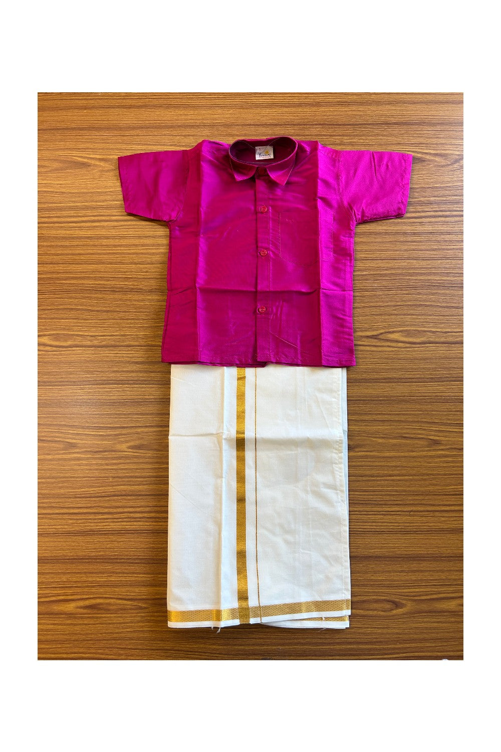 10% DISCOUNT !!! Yuvraj-Traditional South Indian Kids Silk Shirt & Mund - Dark pink Shirt Off white Kasavu Mund Age 3 - 2KK101YUV3.