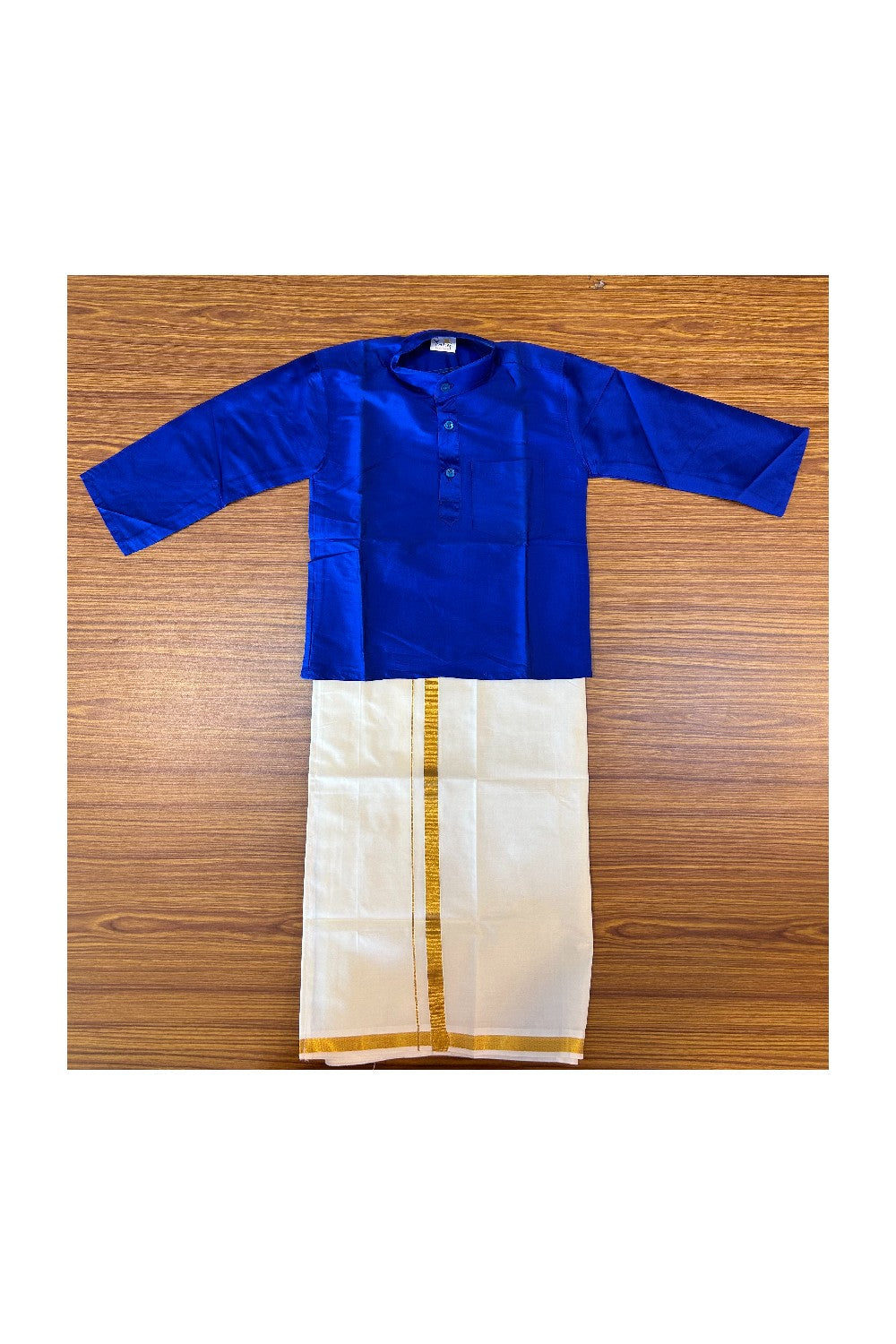 10% DISCOUNT !!! Yuvraj - Traditional South Indian Kids Silk Kurta & Mund - DEEP BLUE Kurta Off white Kasavu Mund Age 4 - 2KK104YUV4