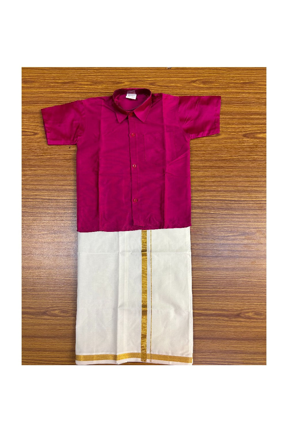 10% DISCOUNT !!! Yuvraj - Traditional South Indian Kids Silk Shirt & Mund -  MAGENTA Shirt Off white Kasavu Mund Age 5 - 2KK109YUV5