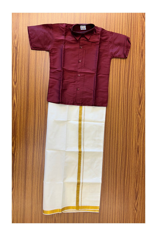 10% DISCOUNT !!! Yuvraj-Traditional South Indian Kids Silk Shirt & Mund - Dark maroon Shirt Off white Kasavu Mund Age 6- 2KK113YUV6