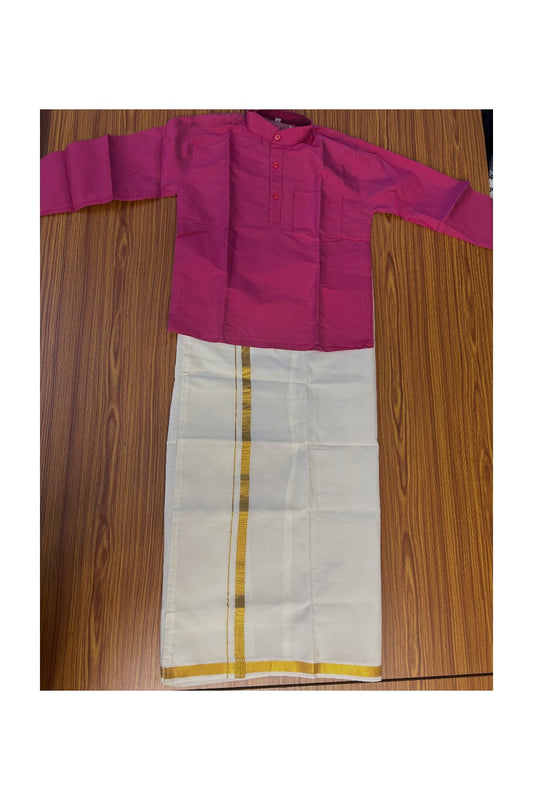 10% DISCOUNT !!! Kaitharikada - Traditional South Indian Kids Silk kurta & Mund - Dusty Pink kurta Off white Kasavu Mund Age 8 - 2KK117YUV8
