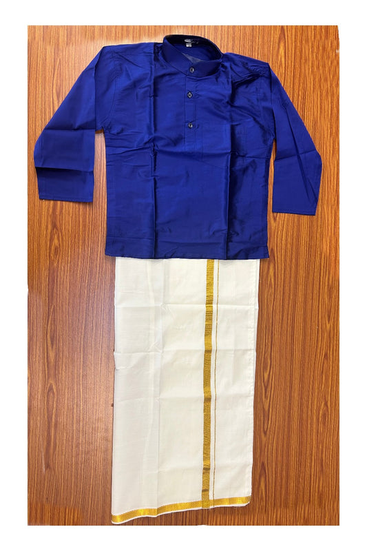 10% DISCOUNT !!! Kaitharikada -Traditional South Indian Kids Silk kurta & Mund - Dark blue kurta Off white Kasavu Mund Age 9 - 2KK118YUV9