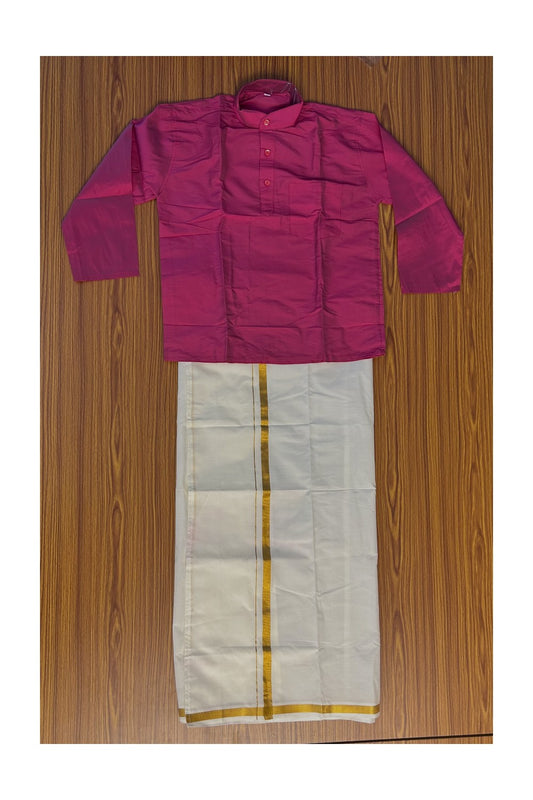 10% DISCOUNT !!! Kaitharikada -Traditional South Indian Kids Silk kurta & Mund - Dusty Pink kurta Off white Kasavu Mund Age 10- 2KK119YUV10