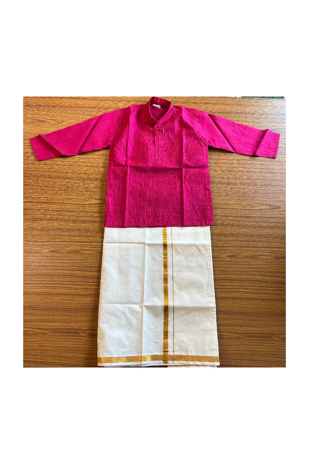 10% DISCOUNT !!! Yuvaraj -Traditional South Indian Kids Cotton kurta & Mund - MAGENTA kurta Off white Kasavu Mund Age 6- 2KK110YUV6