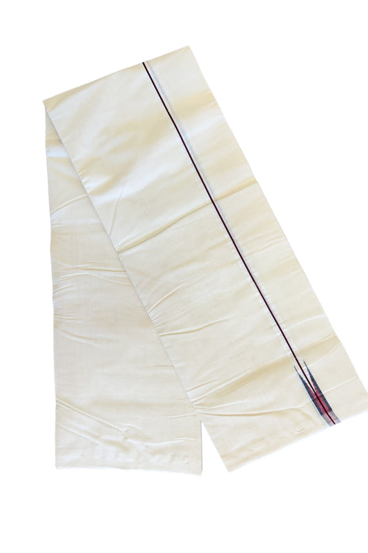 30% DISCOUNT!! KaithariKada HANDLOOM Millpaav Balaramapuram - 100% PURE Cotton OFF White (Unbleached) Double Mundu/Dothi - Navy Blue & Red striped puliyilakkara chutty- 2KK135RAM
