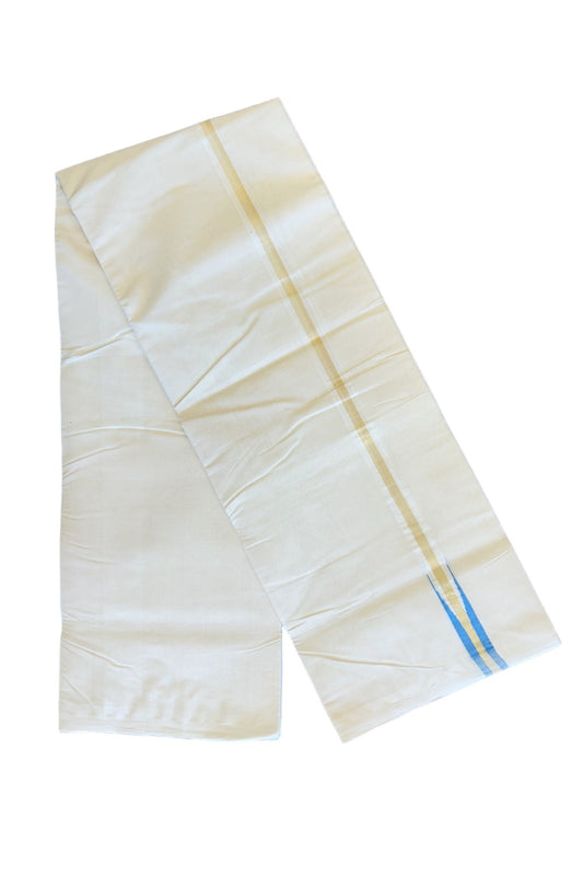 30% DISCOUNT!! KaithariKada HANDLOOM Millpaav Balaramapuram - 100% PURE Cotton OFF White- (Unbleached) Double Mundu/Dothi - Puliyilakkara chutty Blue & Kasavu Kara- 2KK410SOM