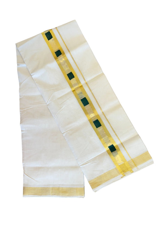 25% Discount!!! KaithariKada HANDLOOM UNAKKUPAAV Balaramapuram - 100% PURE Cotton off white (Unbleached) Double Mundu/Dhoti - 2.5 inch Kasavu with centre tissue &  Green sqaure designed kara - 2KK415SOM