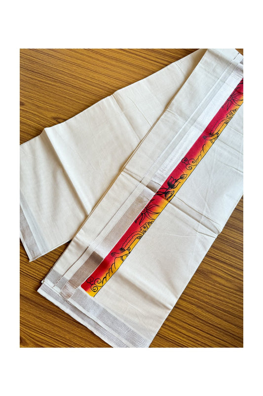 30% Discount! KaithariKada Balaramapuram 100% Cotton off white Double - (Unbleached) Mundu/Dhoti-80x72- Silver Kasavu HAND PAINTED Yellow Red Flower pattern 3inch Kara - 2KK424CEE