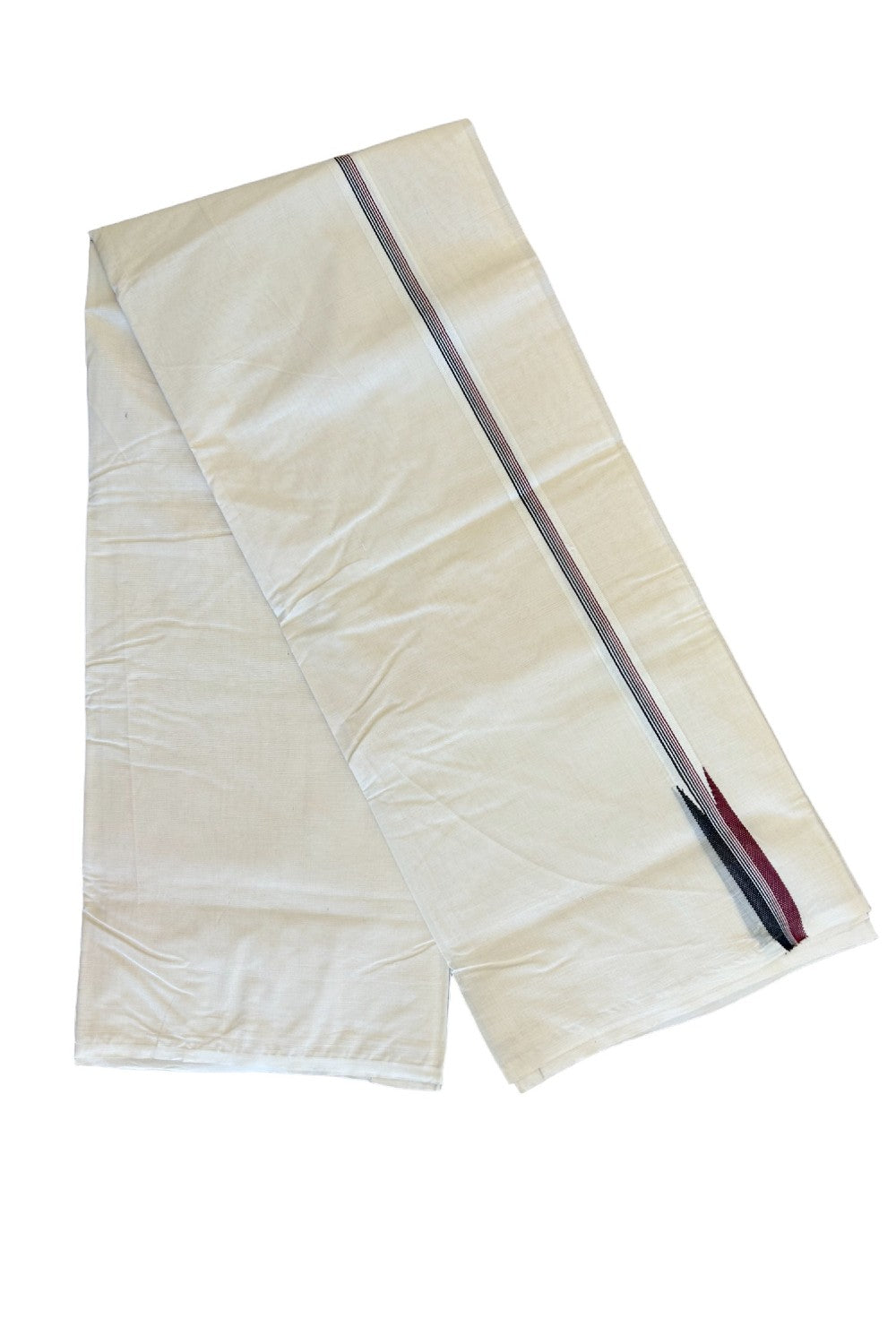 ADMK Veshti - 25% DISCOUNT ! KaithariKada 100% Cotton OFF WHITE (Unbleached) Double Dhoti/Mundu- Black And Maroon stripes Puliyilakkara Chutty- 13KK429ASH