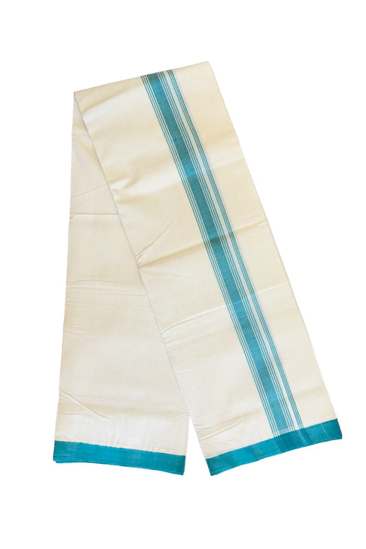 30% DISCOUNT!! KaithariKada HANDLOOM Millpaav Balaramapuram - 100% PURE Cotton OFF White (Unbleached) Double Mundu/Dothi - 2 inch BLUE GREEN striped kara 3.70 meters (8 Muzham) - 2KK453RAM