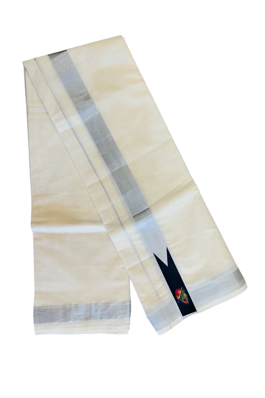 KaithariKada Balaramapuram  Off white (Unbleached) Double Mundu/Dhoti- 80x72- 2.25 inch  PRINTED Silver Kasavu Flute & Peacock feather Design 3.96m- 2KK457VIN