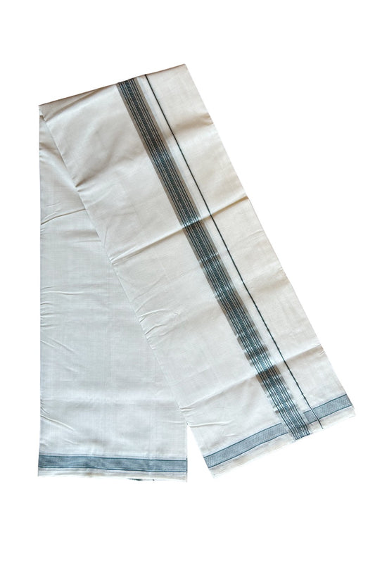25% DISCOUNT!! KaithariKada HANDLOOM UNAKKUPAAV Balaramapuram - 100% PURE Cotton OFF White (Unbleached) Double Mundu/Dothi - 2 inch Silver kasavu Dark green pattern kara - 2KK462RAM
